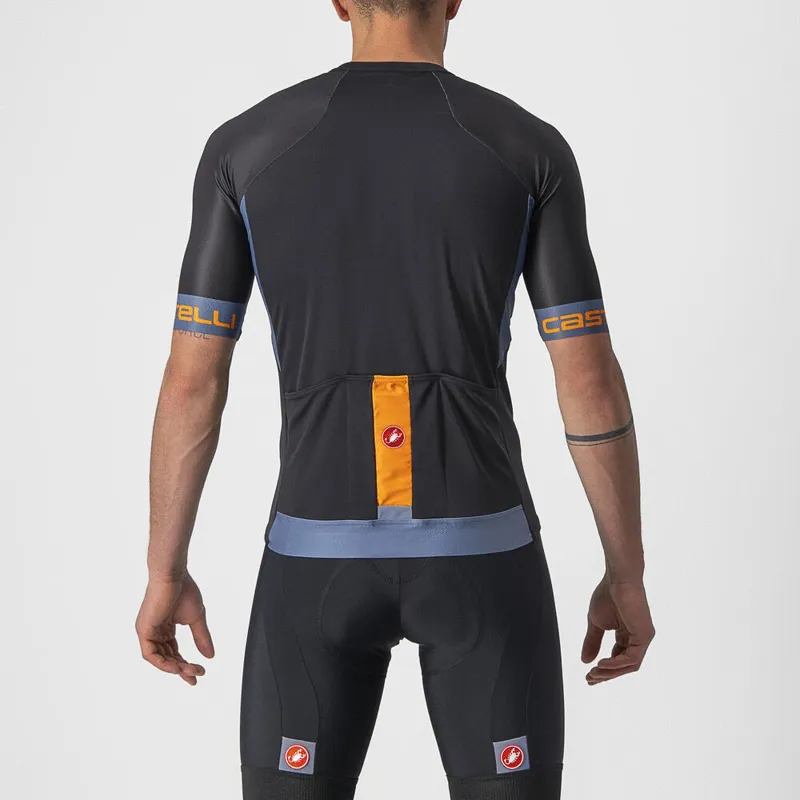 Castelli Entrata VI Road Short Sleeve Jersey in Black/ Steel Blue/Pop Orange-1